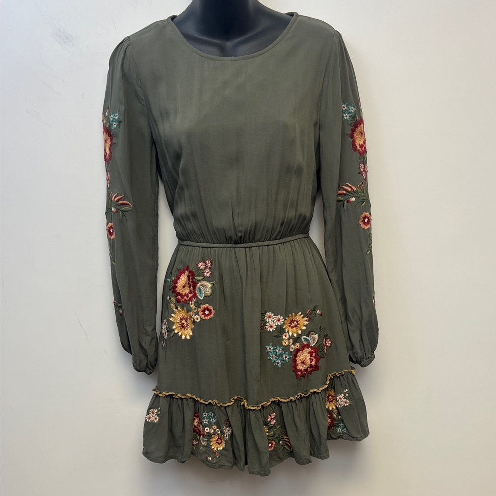 Savanna Jane Women's Green Boho Fall Floral Long Sleeve Midi Dress Size Small